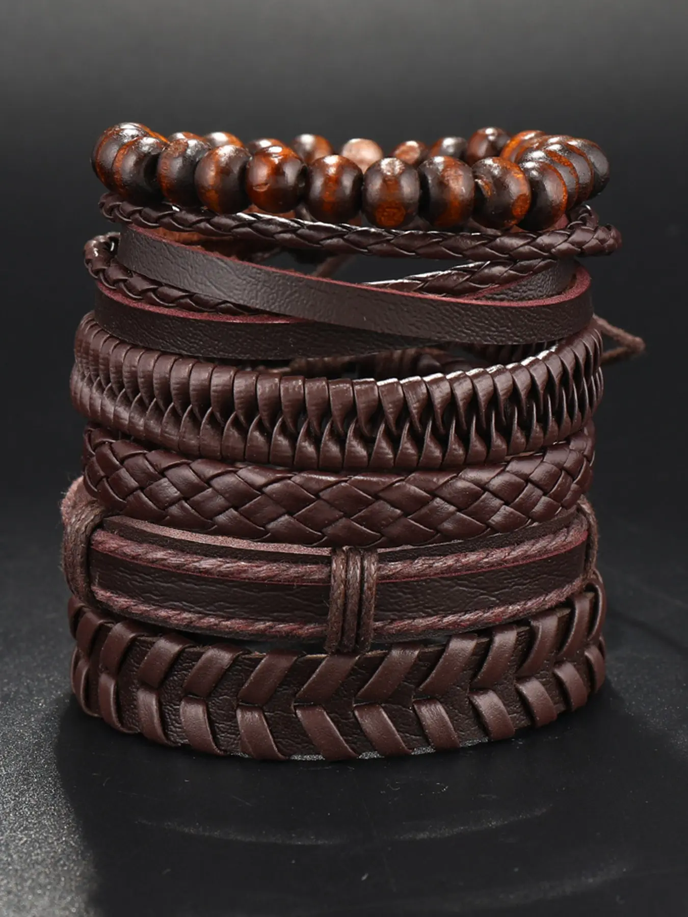 6-Piece Men's Leather Bracelet Set, Vintage Punk Beaded Adjustable Leather Bracelets, Bracelet Jewelry, Daily Wear, Party, Birthday Gift for Him, Adjustable Minimalist Bangle, Bangles Bracelets Set