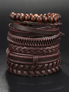 6-Piece Men's Leather Bracelet Set, Vintage Punk Beaded Adjustable Leather Bracelets, Daily Wear, Party, Birthday Gift for Him