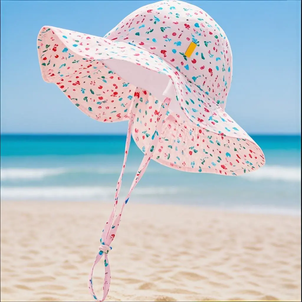 KHB44 Cotton Cute Flower Wide Brim Baby Girls Hat - Infant Caps, Newborn Headwear, Toddler Headgear, Beach-Themed Headpieces, Cooling Sun Protection for Summer Outdoor Use, Cotton Infant Caps, Newborn Sun Hat, Sun Hats For Toddlers