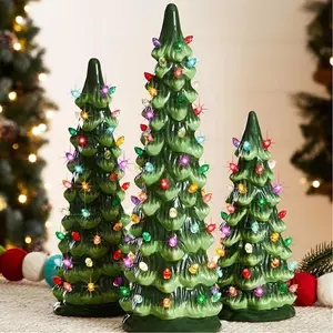 Hand drawn ceramic Christmas tree set -10 LED lights+timer function, battery powered, desktop decoration, holiday decoration, perfect gift (size: 20/25/30cm)