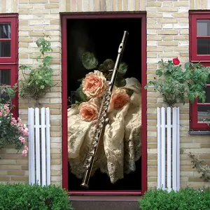 2pcs Vintage Flute and Pink Roses Wall Sticker European Style Lace Pattern Home Decor Decal Living Room Bedroom Wall Art Self Adhesive Mural Removable Waterproof PVC Material