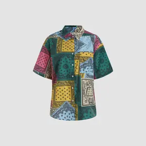 Cider Vibrant Patchwork Paisley Print Oversized Short-Sleeve Button-Down Shirt
