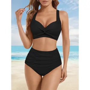 Women's high-waisted V-neck bust twisted pleated swimsuit Women's high-waisted V-neck bust twisted pleated swimsuit