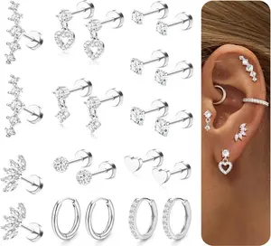 LOLIAS Hypoallergenic Flat Back Earrings for Women Cartilage Earrings Stacks-20G Surgical Stainless Steel Flatback Stud Hoop Earring Set Daith Conch Tragus Helix Piercing Jewelry