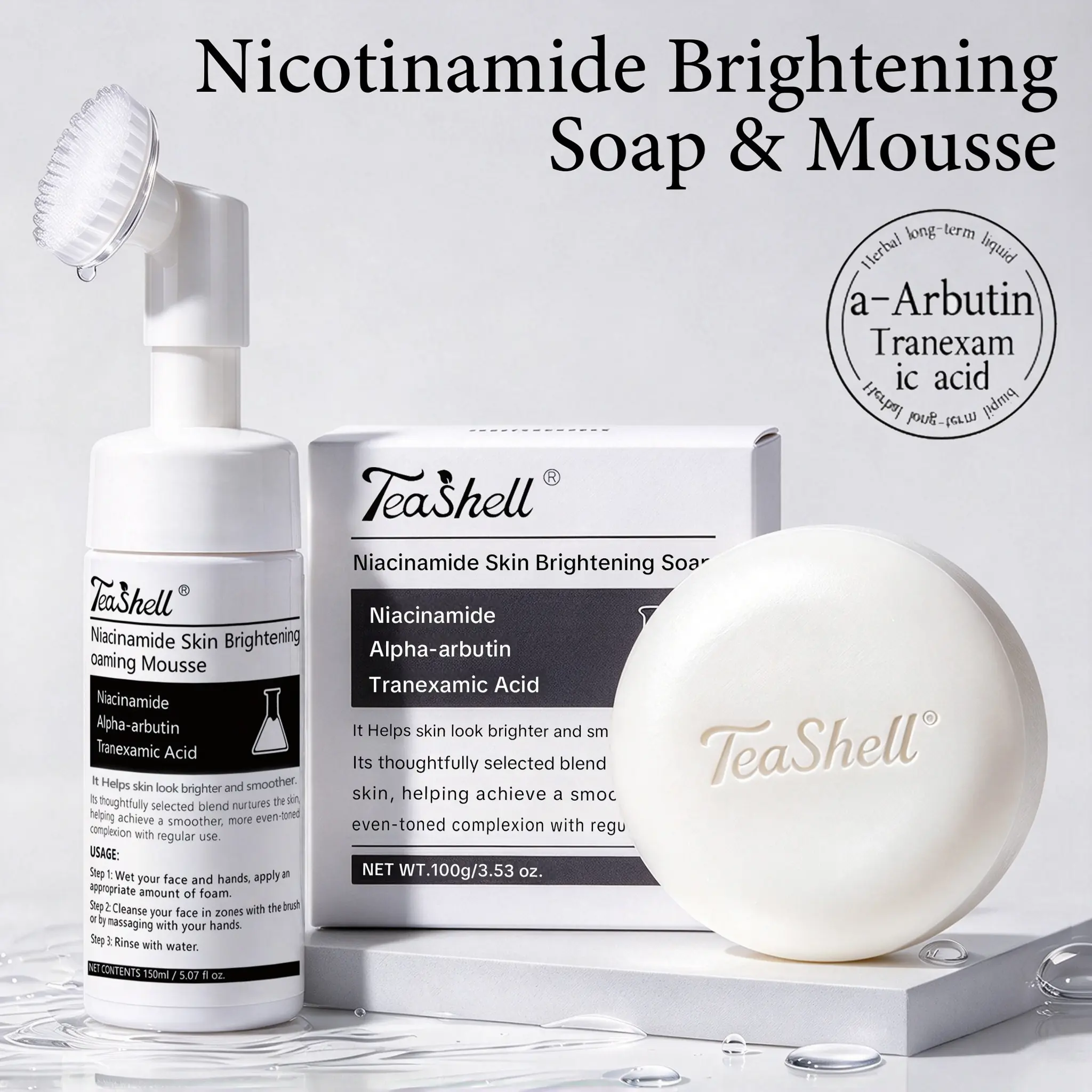 Teashell Niacinamide Whitening Soap & Mousse - Niacinamide-Alpha-Arbutin-Tranexamic Acid Formula Daily Facial & Body Cleanser, 100g/3.53oz Tone Evening, Deep Cleansing, Skin Nourishing, Smooth Skin Products, Body Care Products