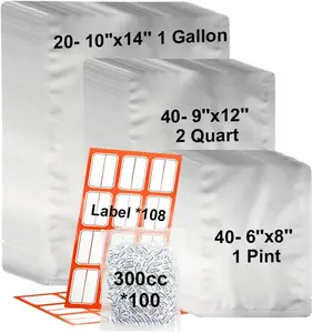 100 Count 1 Gallon Mylar Bags with Labels, 20-10''x14''/35-8''x12''/45-7''x10'' Heat Sealable Airtight Aluminum Bags, 11 Mil Total Thicker Long-Term Food Storage Pouches Silver