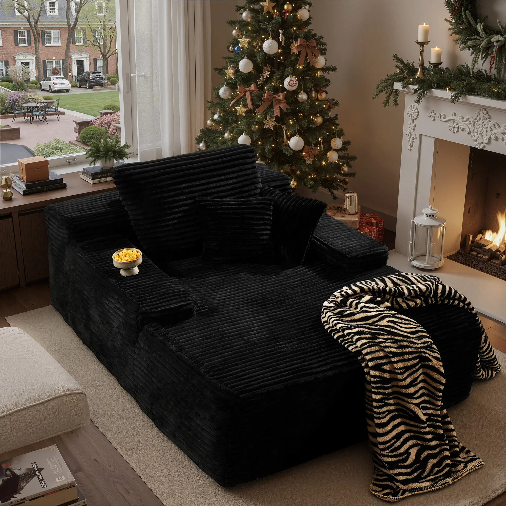 67“Single Chaise|Black Plush Corduroy