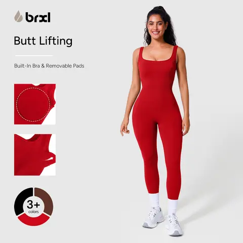 BRXL Women's Square Neck Ribbed Sleeveless Seamless Built-in Bra Solid Color Jumpsuit - Slimming Fit, Multi-Size Stretchable Activewear Sportswear Jumpsuits with Tummy Control for Fitness Yoga, Workout Wear