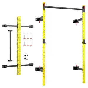Soozier Folding Squat Rack with Adjustable Pull-Up Bar, 1000 Pounds Capacity Wall Mounted Power Rack, Adjustable Barbell Rack with J Hooks for Home Gym Full Body Workout, Yellow