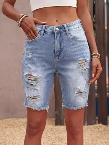 Women's Fashionable Denim Shorts, Elastic Casual Design, Ripped, Perfect for Spring & Summer, Ideal for Daily Wear