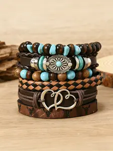 Brown Leather & Turquoise Beaded Bracelet Set, Bohemian Western Ethnic Jewelry with Multi-Layer Design, Exquisite Bracelet, Double Heart & Bull Head Accents for Men's Daily & Casual Wear