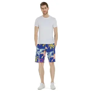 Men Hawaiian Board Shorts in Palm Tree Navy