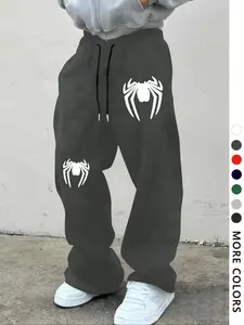 Men's Spider Pattern Print Drawstring Waist Sport Pants, Casual Gothic Joggers, Loose Fit, All Seasons, Unisex