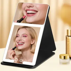 Rechargeable Handheld Foldable LED Vanity Mirror, 3 Light Modes, Touch Control, PU Leather Protective Case, Flat-Folding, Portable Compact for Travel, Summer travel essential