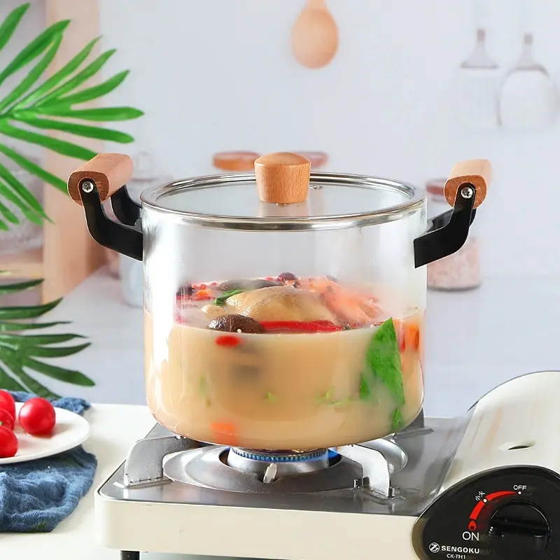 Borosilicate Glass Cookware Pot with Binaural Wooden Handles, Classic Heat Resistant Kitchen Pot