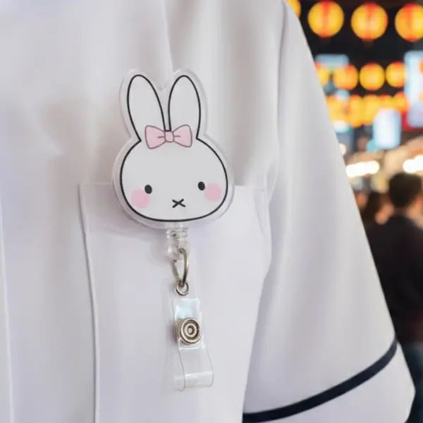 Kawaii Bunny Badge Reel, Acrylic ID Holder, Nurse Teacher Gift