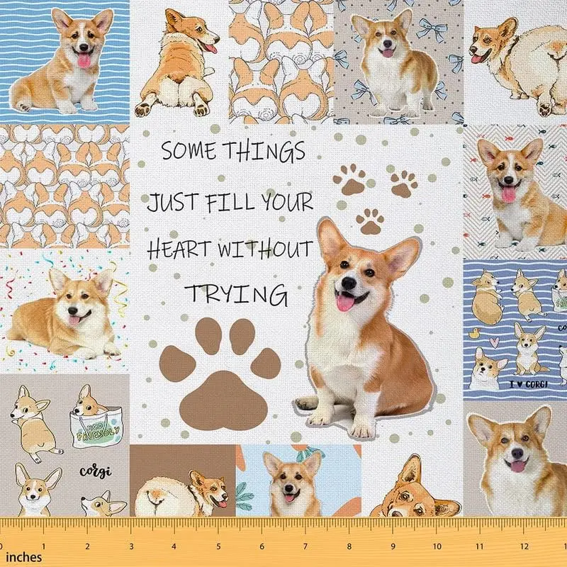Feelyou Tight Woven Polyester Waterproof Outdoor Fabric by the Yd - 1yd (36x58 in) with Cartoon Dachshund,Corgi,Puppies Designs, for Chair Upholstery, Porch Swing