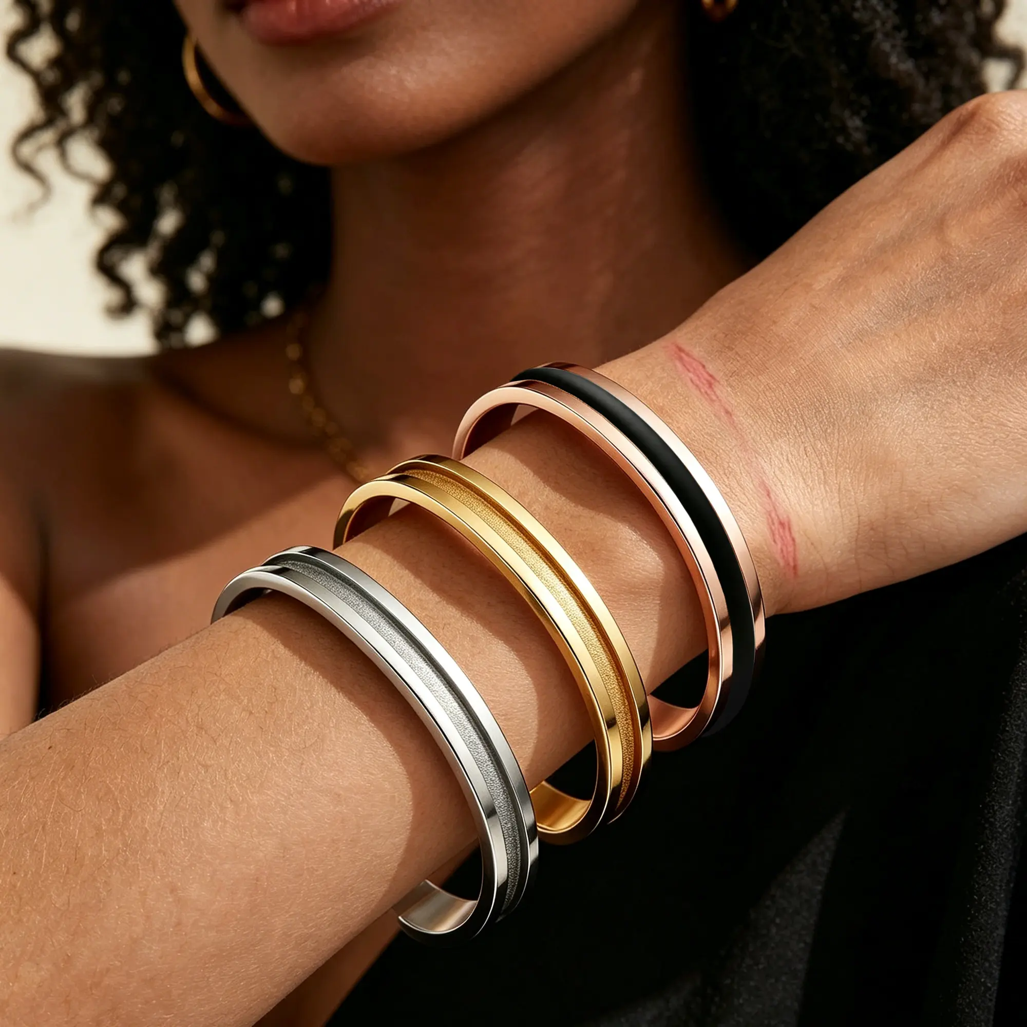 Zuo Bao Sand Grooved Hair tie Bracelet Stainless Steel Cuff Bangle for Women