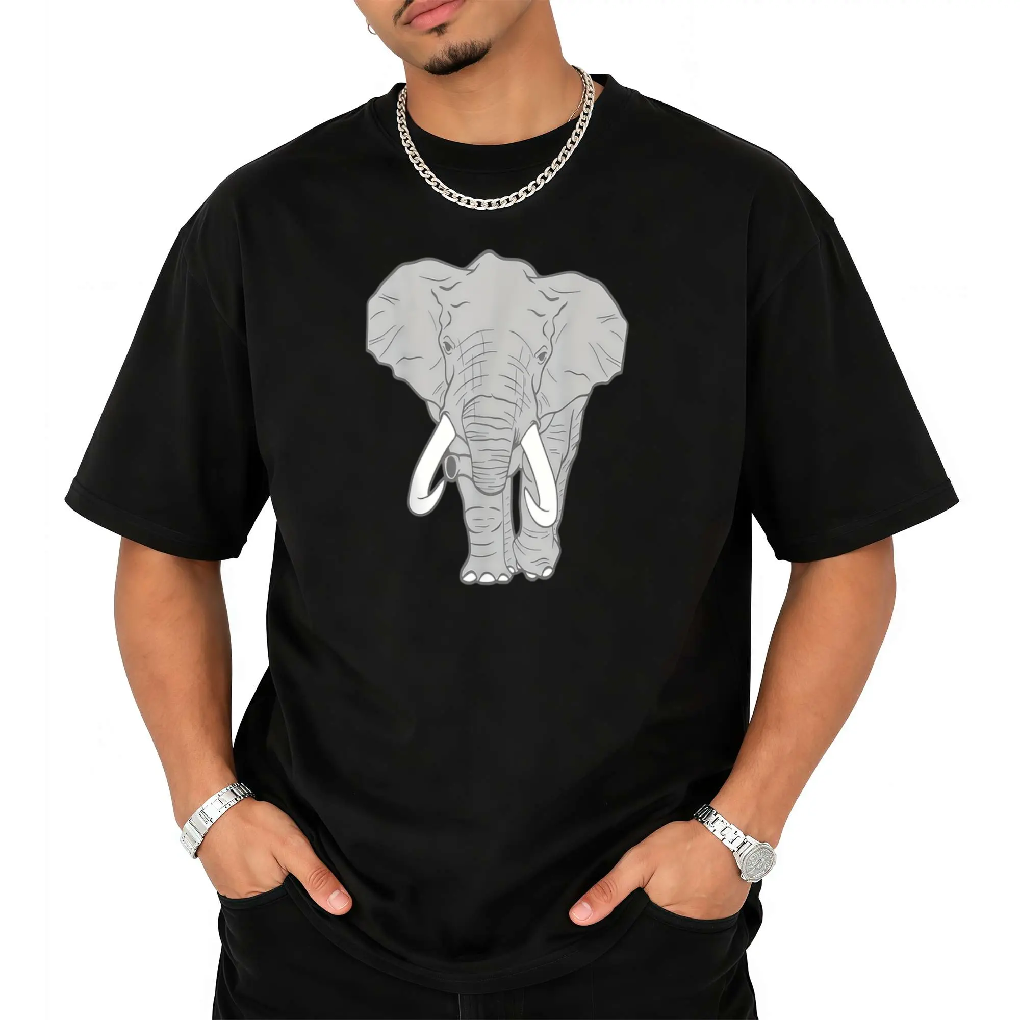 Men's African Elephant T-Shirt - Elephant & Elephant Iconic Trunk, Casual Round Neck Tee, Medium-Stretch Fabric Suitable for Animal Lovers, Casual Attire & Outfits