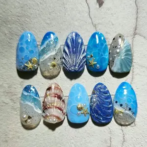 EG2- Ocean Pearl Press-On Nails, 3D Seashell Texture Art, Blue Bubble Wave Design, Gold Starfish Charms, Mermaid Beach core Handmade Nail Set