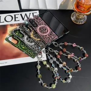 Bling Glitter Case Rhinestone Hand Chain Wrist Strap Leopard Print Leather Magnetic Phone Case For Samsung Galaxy Z Fold 7 6 5 4 3 5G