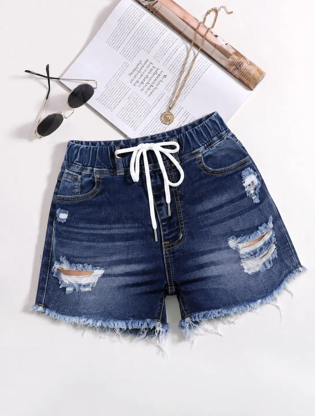 Women's Fashion Womenswear Dark Wash Denim Shorts - Summer Stretch Drawstring Elastic Waist, Distressed Tear Holes, Fringe Tassel Hem, Casual Y2K Vacation Pull-On Jeans
