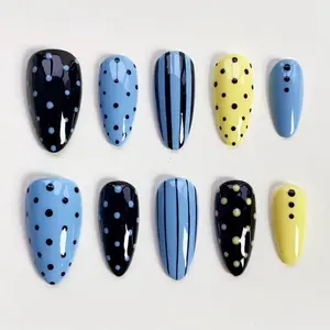 A18 Blue Yellow Polka Press-On Nails, Mixed Stripe Pattern Design, Cute Retro Aesthetic, Daily Wear Nails, Gift for Her