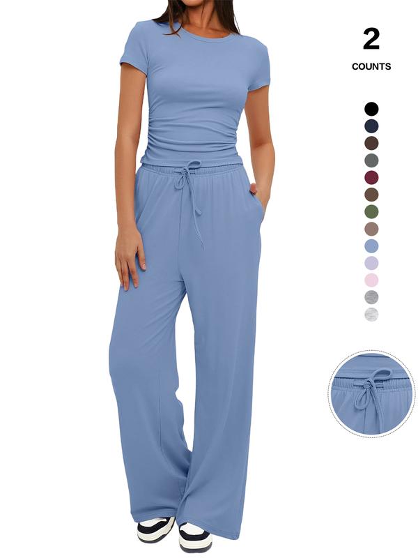 Women's Spring Summer Casual Set, Round Neck Short Sleeve Top & Wide Leg Pants, Slim Fit Home Wear, 2 Piece, Ruched Design, Drawstring Women's Spring Summer Casual Set, Round Neck Short Sleeve Top & Wide Leg Pants, Slim Fit Home Wear, 2 Piece, Ruched Design, Drawstring