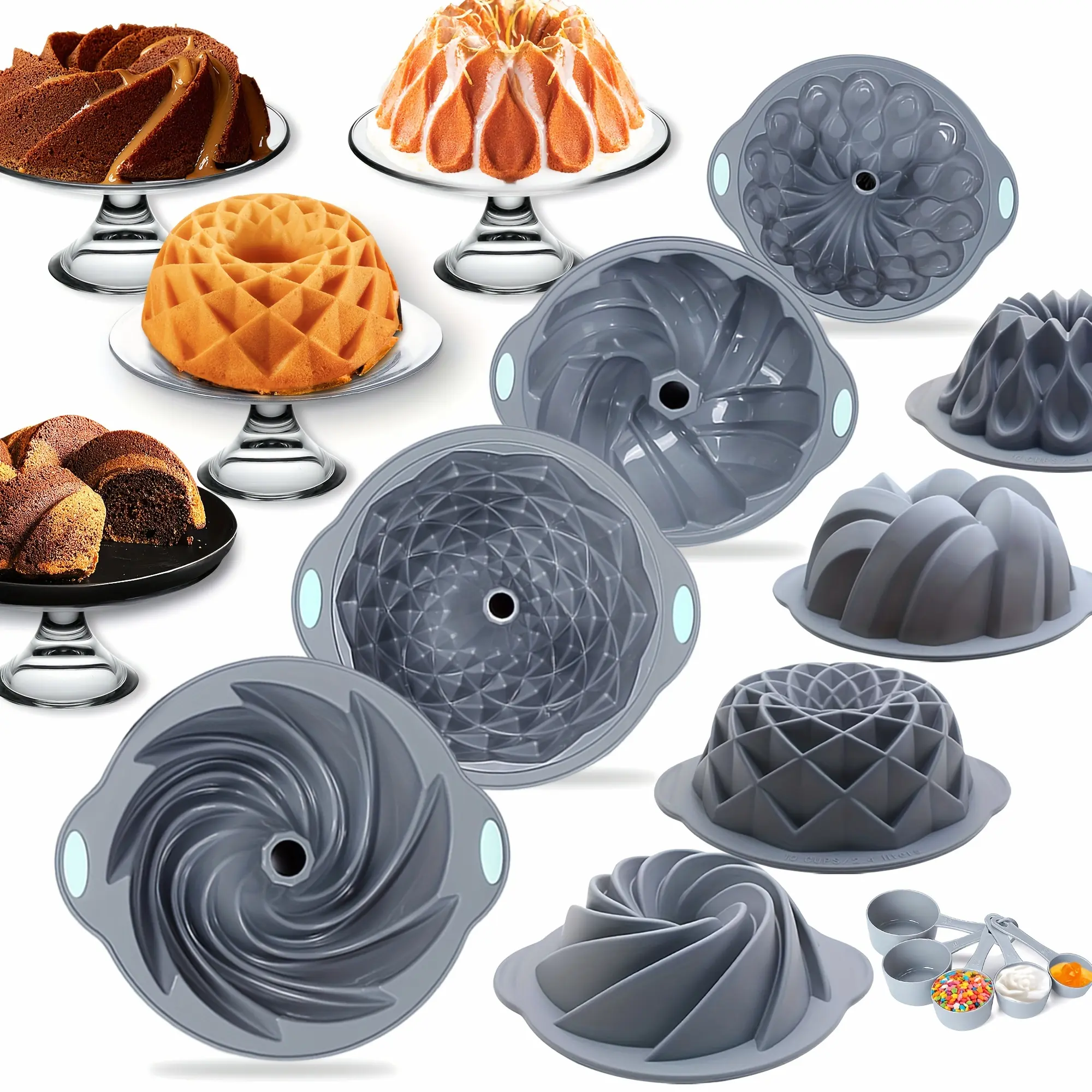 9 Pack Premium Silicone Cake Pans Non Stick Fluted Baking Molds For Cakes Brownies Flan Meatloaf With Crown Nest Spiral Braided Shapes For Easy Release