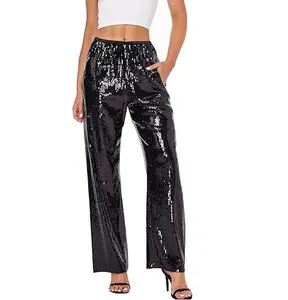 Women's Sequin Pants Shiny Sparkly Party Club Night Out Metallic Casual Wide Leg Pants Trousers