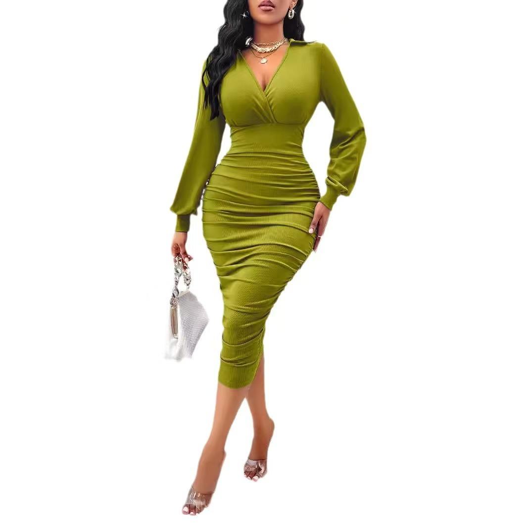 Women's Elegant Casual Chic Side Ruched Long Sleeve Slim Fit Bodycon Midi Dress for Autumn Fashion