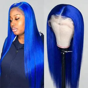 HD 13x6 Navy Blue Glueless Lace Front Wig Dark Royal Blue Colored Human Hair Wigs For Women Pre Plucked Vietnamese Virgin Human Hair Wigs Super Double Drawn Bone Straight Transparent Lace Frontal Wig 180 Density