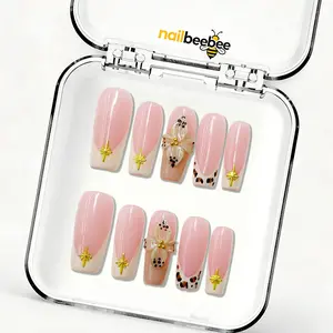 NailBeeBee｜10PCS 100% Handmade Press-On Nails｜D153 1.2 Inch｜Reusable Colorful Art Acrylic Stylish｜Luxury French Leopard Bow 3D Medium Viral Daily