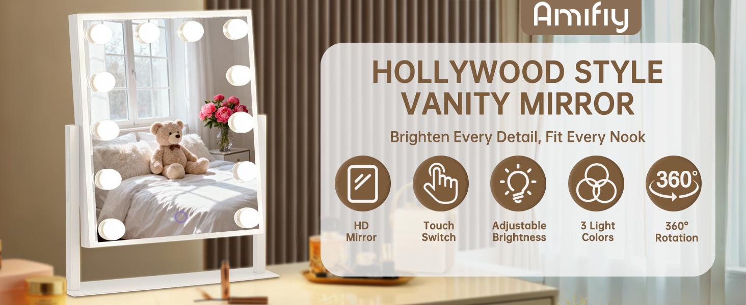Amifiy Hollywood Vanity Mirror with Lights, 10x Magnifying, 12 LED Bulbs, 3 Color Lights and 360° Rotation, 14" x 19" Desk Lighted Makeup Mirror for Bedroom Dresser College Dorm Amifiy Hollywood Vanity Mirror with Lights, 10x Magnifying, 12 LED Bulbs, 3 Color Lights and 360° Rotation, 14" x 19" Desk Lighted Makeup Mirror for Bedroom Dresser College Dorm