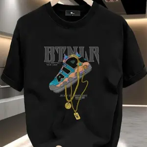 Fashion Sneakers Graphic T-shirt, Big Gold Chain Print, Unisex, Men's Short Sleeve Round Neck Street Style T-shirt Summer and Spring, Casual, Clothing, Youthful Vitality, Couple Style