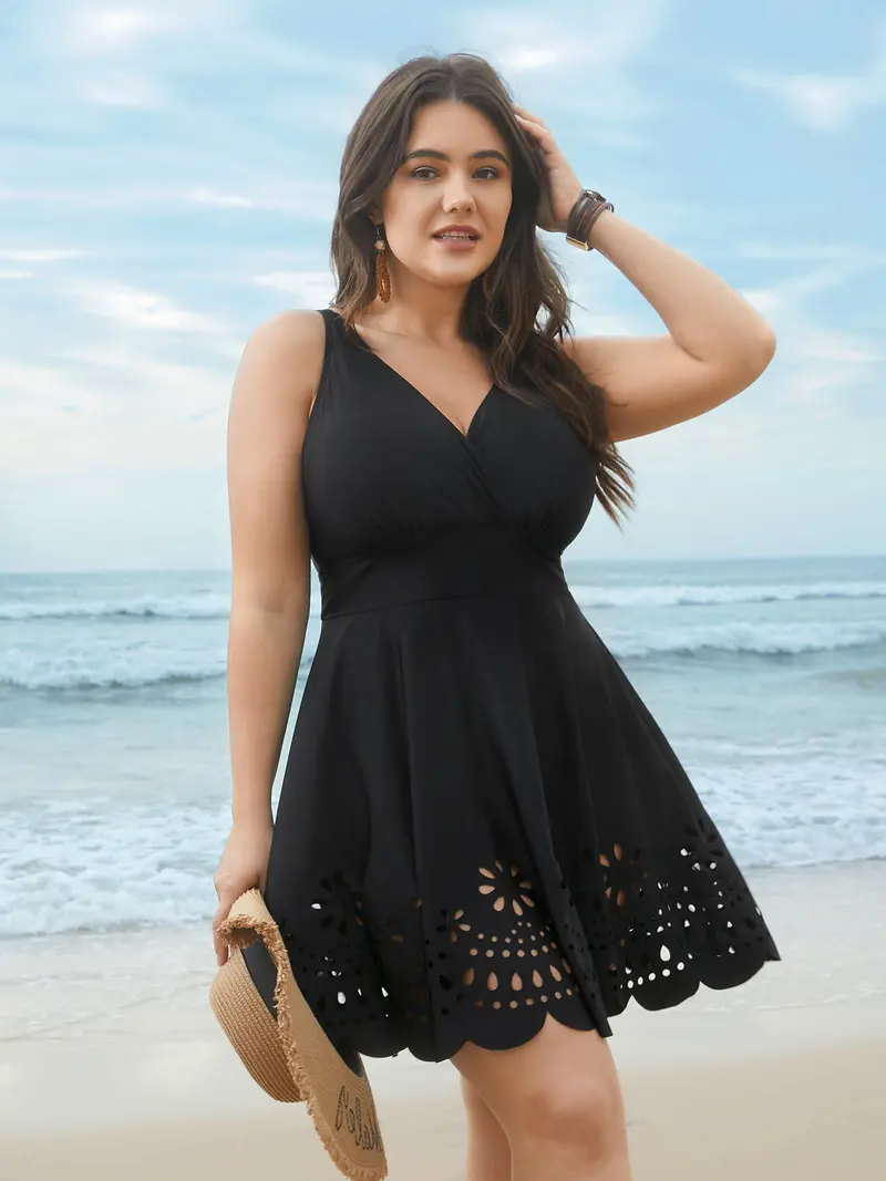 knee length dresses for ladies Chlorine Resistant One-Piece Plus Size Ladies Polyester Swimdress 28W main image 1