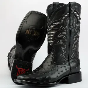 Black Ostrich Leather Boots - Square Toe
