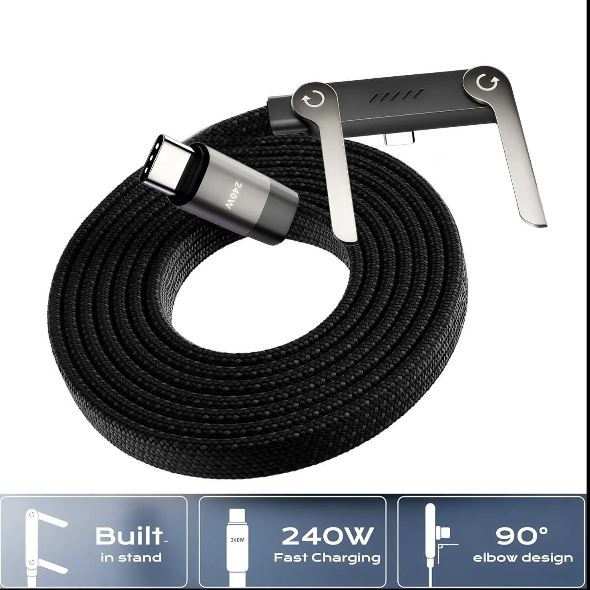 Outdoor mobile portable indoor travel tool 240W fast charging data cable | Woven material, foldable stand, black - Dual-purpose fast charging cable for phone charging and desktop video viewing, Type-C to Type-C, USB-C interface type