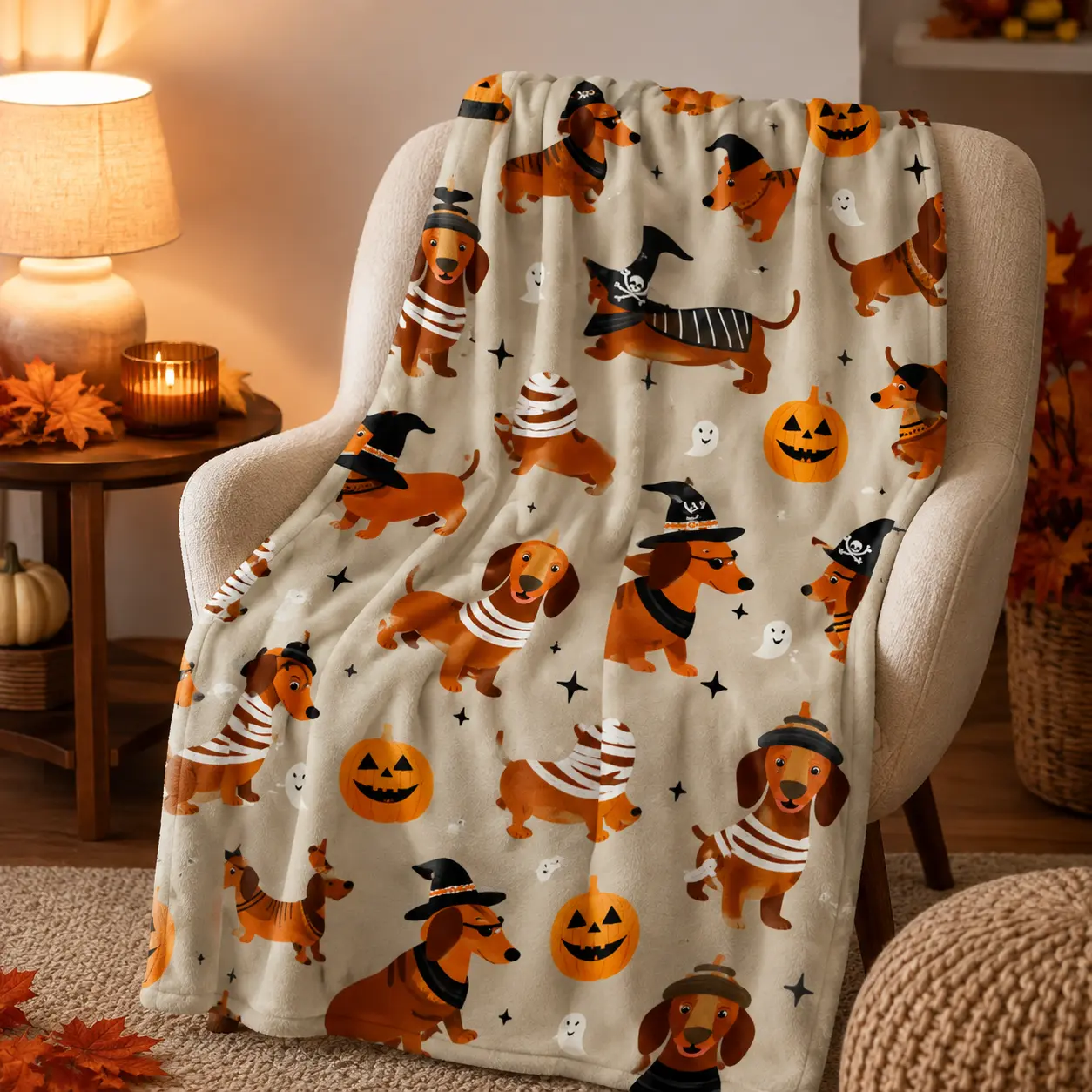 Halloween Dachshund Pumpkin Ghost Cute Flannel Throw Blanket, Soft Fuzzy Plush Blanket for Couch Bed Sofa, All Season Cozy Warm, Lovely Fall Holiday Gift For Dog Lovers Pet Owners, Whimsical Autumn Spooky Puppy Pattern Bedroom Living Room Cottagecore
