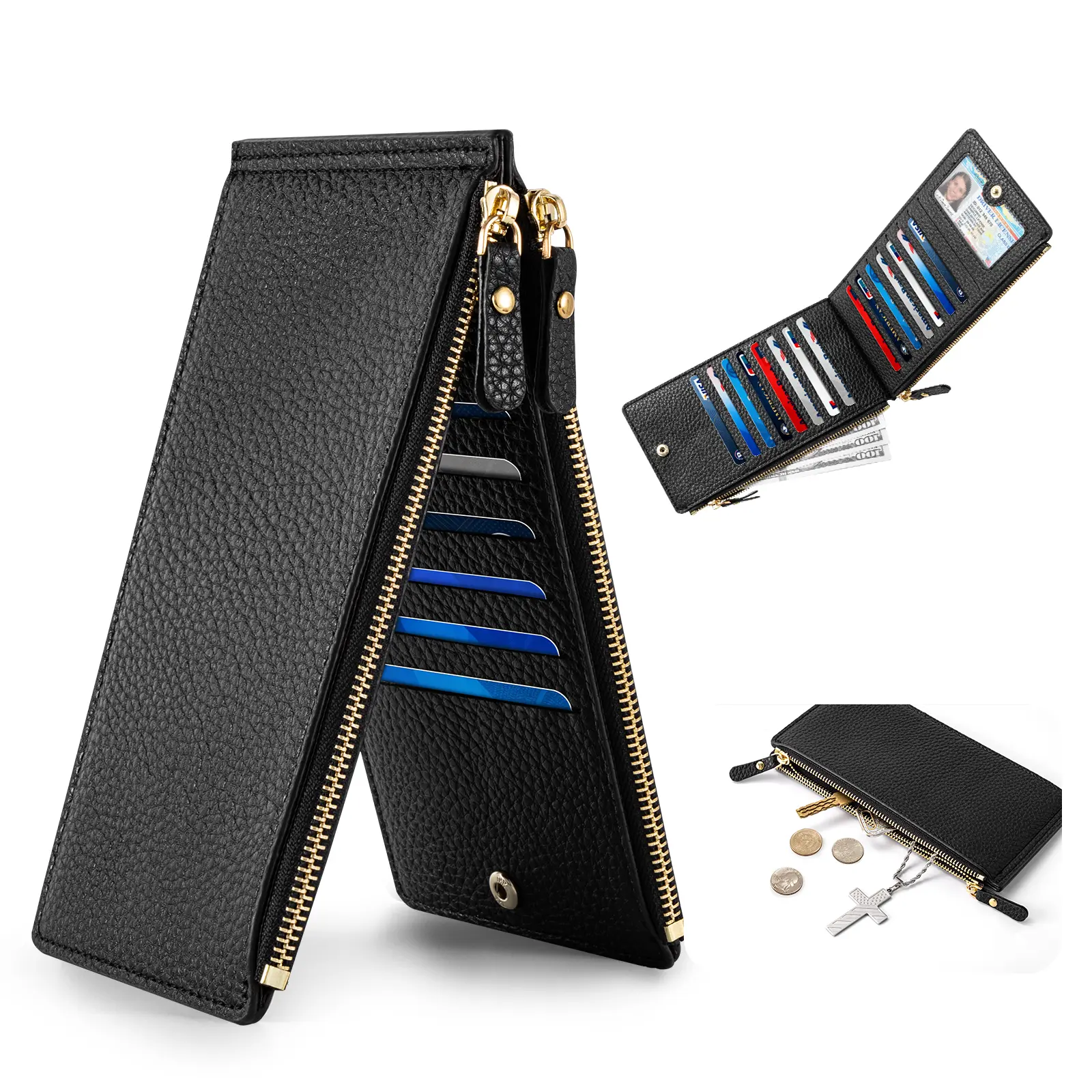 Slim Pebbled Leather Card Holder for Women – 15 Card Slots with Zipper Cash Pocket, RFID Blocking