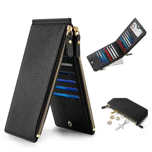 Slim Pebbled Leather Card Holder for Women – 15 Card Slots with Zipper Cash Pocket, RFID Blocking