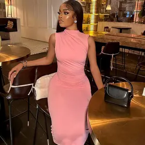 Women's Solid Color Sleeveless round Neck Sheath Dress Elegant Bodycon Slimming Dress