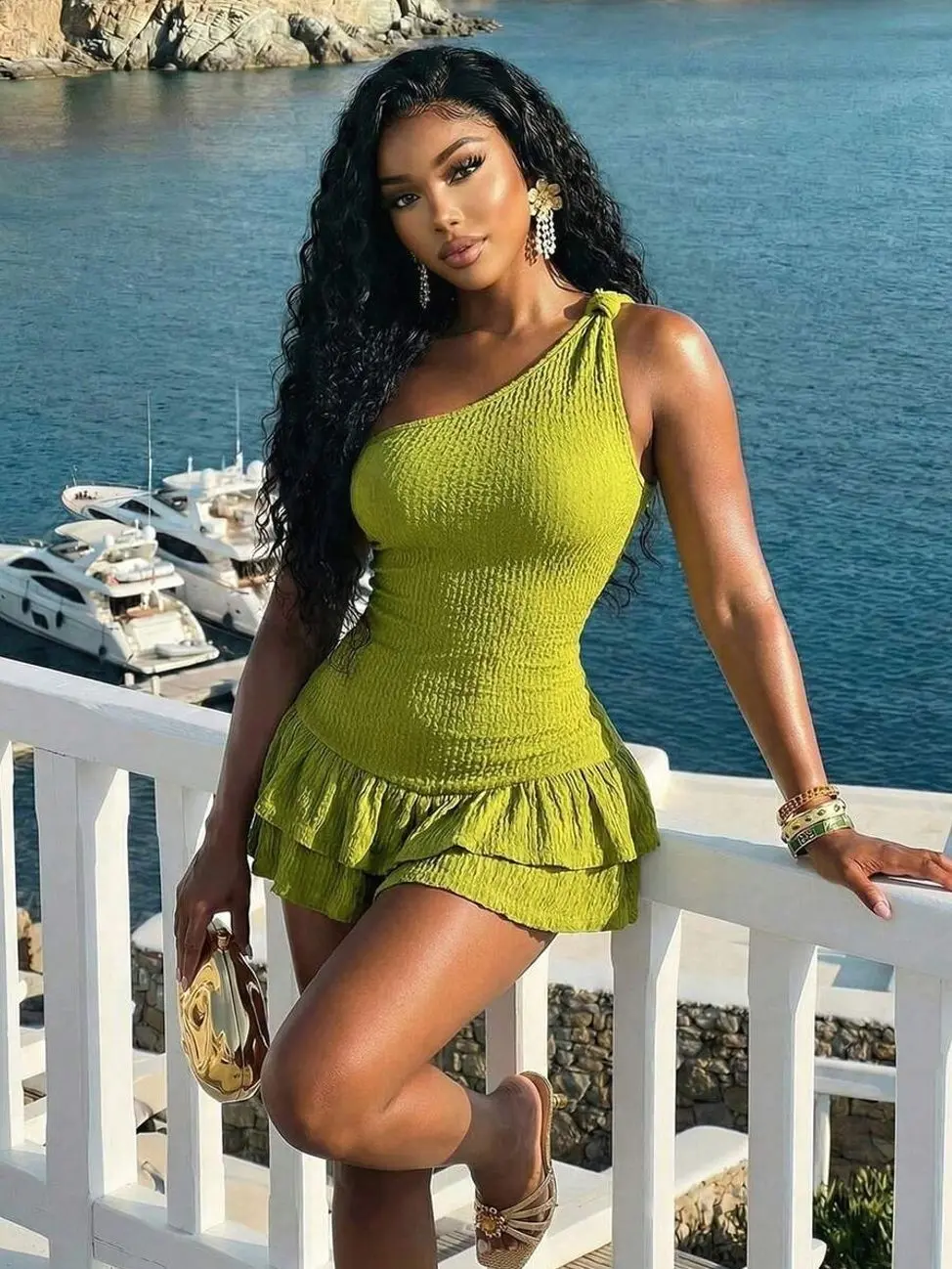 One-Shoulder Ruffle Jumpsuit, Slim Fit Textured Romper for Beach Vacation Party Boho