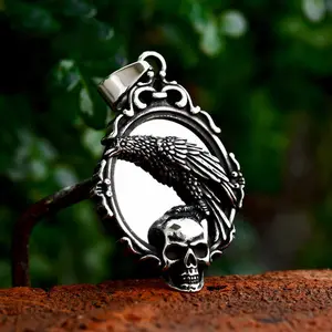 GTHIC Stainless Steel Skull And Raven Pendant Gothic Viking Pendant Necklace for Men Durability Mother's Day Gift