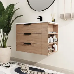 30" Floating Bathroom Vanity with Resin Sink, 30 Inch Single Sink Wall Mounted Bathroom Vanity,Cabinet Set with 3 Side Storage