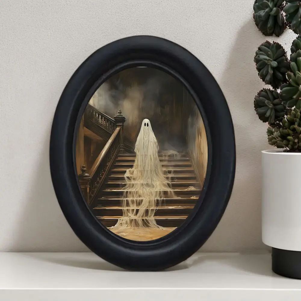 Vintage Halloween Ghost Wall Art, Unique Artwork, Artwork for Walls, Handmade Oval Wooden Decor, Vintage Design, for Spooky Home Accents, Perfect for Halloween Christmas Thanksgiving Decoration Items