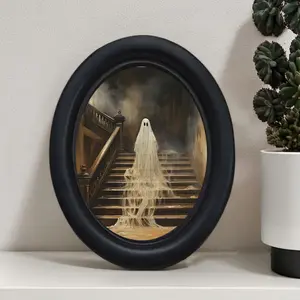 Vintage Halloween Ghost Wall Art, Unique Artwork, Handmade Oval Wooden Decor for Spooky Home Accents, Perfect for Halloween Christmas Thanksgiving Decoration