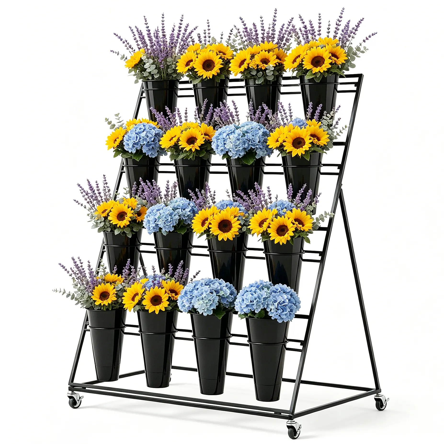 Flower Display Stand 2-Piece Set, 16 Bucket 4-Tier Metal Flower Rack with Wheels, Rolling Wrought Iron Plant Display Shelf with Removable Buckets, Floral Organizer for Flower Shop, Wedding, Garden, Patio, Indoor & Outdoor Decor