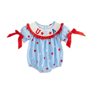 Infant Baby Girl 4th of July Romper Star Stripe Print Letter Embroidery Short Sleeve Crew Neck Romper 0-18 Months