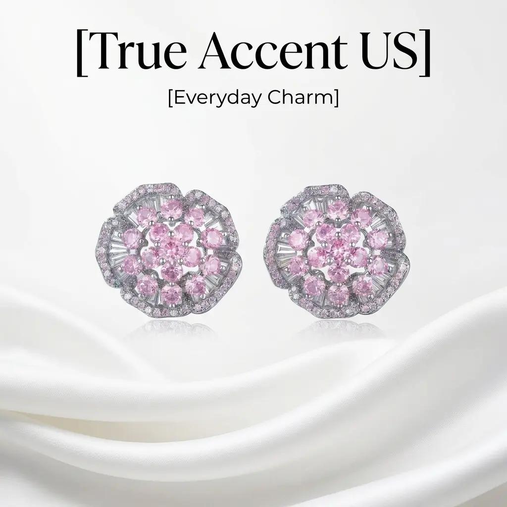 Women's Dazzling Pink Cluster Flower Stud Earrings - Clear & Pink Cubic Zirconia Halo, 925 Silver Posts, Silver-Plated Glamorous Costume Jewelry
